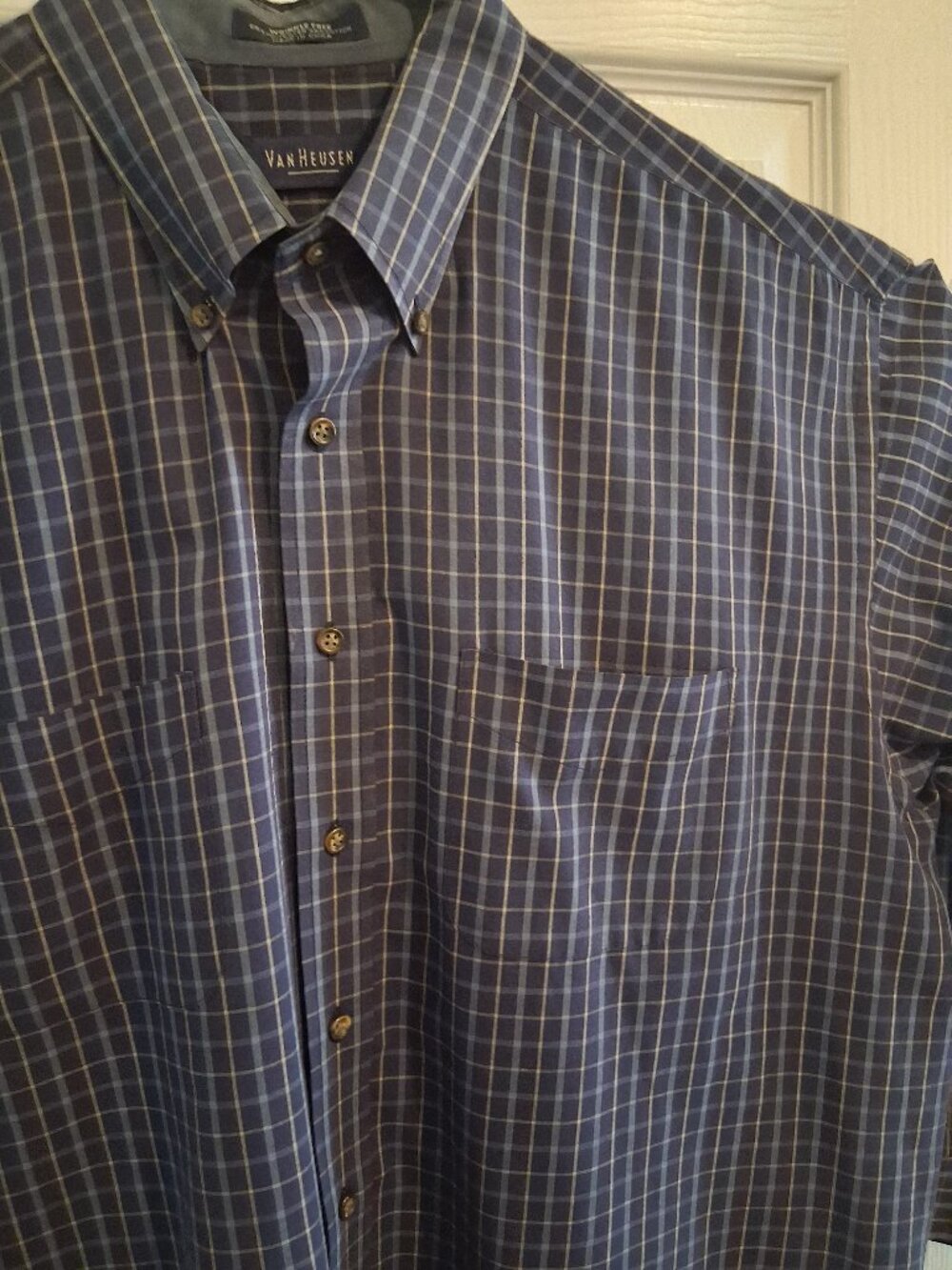 Van Heusen Men's-Long-Sleeve, Button-Down Shirt-Plaid - Dk Gray, Cream-XL